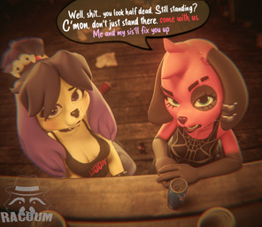 alternative_fashion beverage_can duo female female/female goth looking_at_viewer mean shy speech_bubble text worried racoum animal_crossing nintendo cherry_(animal_crossing) gothabelle isabelle_(animal_crossing) canid canine canis domestic_dog mammal english_text hi_res