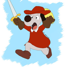 4_fingers anthro biped clothed clothing fingers hat headgear headwear male open_mouth simple_background solo weapon piothecloudrat dogtanian_and_the_three_muskehounds dogtanian canid canine canis domestic_dog mammal 1:1 2026 hi_res
