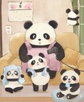 bamboo biped black_nose blush calendar clothed clothing detailed_background food furniture group march_(month) popsicle sitting sofa towel white_body araru bear giant_panda mammal 2023 hi_res