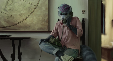 anthro cigarette clothed clothing electronics footwear furniture landline_phone male map painting_(object) phone shoes smoking solo table geewolf call_me_by_your_name_(2017) mammal procyonid raccoon 2024 digital_media_(artwork) digital_painting_(artwork) hi_res painting_(artwork) signature