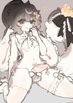 anthro balls bent_leg big_ears blush bottomless bottomless_male bow_ribbon clothed clothing ears_down erection femboy fluffy fluffy_tail fur genital_piercing genitals hair hat headgear headwear legwear liquid male male_anthro midriff navel nude_male penis penis_piercing piercing pivoted_ears presenting sitting smile solo tail three-quarter_view white_body white_fur wings xamely rudy_(katsucoffee) lagomorph leporid mammal rabbit 2025 digital_media_(artwork) hi_res