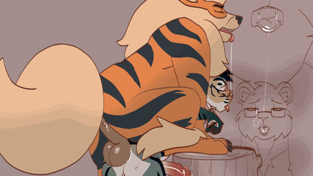 anal anal_penetration ankle_tuft anthro anthro_on_feral anthro_penetrated anus backsack balls bestiality black_hair black_nose bodily_fluids breath claws dark_markings doggystyle drooling_on_partner duo eyewear feral feral_penetrating feral_penetrating_anthro from_behind_position front_view full_nelson genitals glasses grey_background hair head_tuft humanoid_genitalia humanoid_penis inner_ear_fluff interspecies knot knotted_penis leg_tuft male male/male male_penetrated male_penetrating male_penetrating_male mane markings multicolored_body orange_body panting paws penetration penis pink_nose pointy_ears pokephilia prick_ears reverse_table_lotus_position saliva saliva_string sex side_view simple_background striped_markings stripes teeth tongue tongue_out trash_can tuft woolfe nintendo pokemon arcanine canid canine felid generation_1_pokemon leopard mammal pantherine pokemon_(species) 16:9 2026 animated animated_gif colored colored_sketch digital_drawing_(artwork) digital_media_(artwork) hi_res short_playtime sketch widescreen