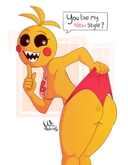 black_sclera blonde_hair breasts butt cheek_spots dialogue female hair heart_pupils leaning leaning_forward looking_at_viewer looking_back machine medium_breasts self_wedgie sharp_teeth short_hair smile solo speech_bubble standing teeth text wedgie yellow_body wofwendy five_nights_at_freddy's five_nights_at_freddy's_2 scottgames chica_(fnaf) toy_chica_(fnaf) anatid animatronic anseriform avian bird duck humanoid robot english_description english_text hi_res