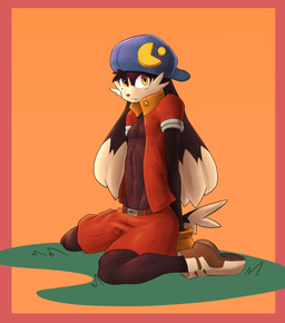 anthro belt biped black_body black_fur bottomwear clothed clothing footwear fur gloves grass handwear hat headgear headwear jacket kneeling long_ears looking_at_viewer male multicolored_body multicolored_fur open_clothing open_jacket open_topwear orange_background plant shorts shy simple_background sitting solo topwear two_tone_body two_tone_fur white_body white_fur yellow_eyes darkluxia twang bandai_namco klonoa_(series) pac-man_(series) klonoa pac-man domestic_cat felid feline felis lagomorph leporid mammal rabbit 2016 digital_media_(artwork) hi_res