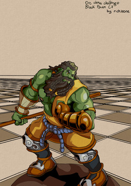 beard chess facial_hair green_body green_skin male muscular muscular_male orctober_chess_challenge solo text rickleone dwarf humanoid orc english_text hi_res