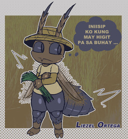 antennae_(anatomy) anthro arthropod_abdomen brown_body exoskeleton farmer female grass insect_wings plant solo text thought_bubble wings lizardfungus arthropod insect thrips thysanoptera filipino_text translation_check translation_request