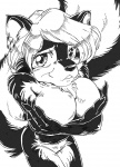 anthro black_and_white breasts chest_tuft covering covering_breasts covering_self female fur holding_breast mammal mephitid monochrome nude self_hug skunk solo tail tuft unknown_artist