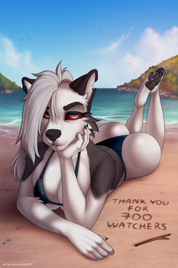 4_toes 5_fingers anthro arm_support barefoot beach big_breasts bikini bikini_bottom bikini_top black_claws black_ears black_eyebrows black_nose black_pawpads blue_bikini blue_clothing blue_sky blue_swimwear breasts bubble_butt butt calves_up cheek_tuft claws clothed clothed_anthro clothed_female clothing cloud countershade_fur countershade_torso countershading day ear_piercing ear_ring eyebrows facial_tuft feet feet_up female female_anthro finger_claws fingers fur grey_body grey_fur grey_tuft hair half-closed_eyes hand_on_chin hindpaw humanoid_hands leaning_on_elbow long_hair looking_at_viewer lying lying_on_ground lying_on_sand monotone_hair mouth_closed multicolored_body multicolored_fur narrowed_eyes notched_ear on_front on_ground on_sand outside pawpads paws piercing pose pupils red_sclera ring_piercing sand sea seaside sky small_pupils solo swimwear tailless text the_pose three-quarter_view toe_claws toes tuft two-piece_swimsuit water white_arms white_body white_breasts white_butt white_countershading white_eyes white_fur white_hair white_inner_ear white_legs heavenlyheart hellaverse helluva_boss mythology loona_(helluva_boss) ambient_flier canid canid_demon canine demon hellhound mammal mythological_canine mythological_creature artist_name digital_media_(artwork) english_description english_text full-length_portrait hi_res pinup portrait shaded