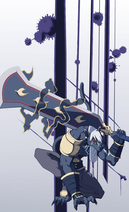 anthro armor black_body black_fur fur greatsword hair male melee_weapon muscular muscular_anthro muscular_male pauldron pecs solo sword weapon white_hair huti918 bandai_namco digimon digimon_beatbreak digimon_(species) felid mammal murasamemon pantherine hi_res