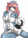 anthro big_breasts breasts chest_tuft clothing female fur hair looking_at_viewer nurse nurse_clothing nurse_uniform pink_hair red_eyes simple_background smile solo tail tuft uniform white_background heartz canid canine canis domestic_dog husky mammal nordic_sled_dog spitz hi_res