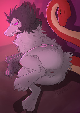 bared_teeth claws feet female female_feral feral foot_focus fur genitals grey_body grey_fur grey_hair hair living_tail looking_at_viewer pink_insides presenting presenting_vulva purple_eyes retractable_claws snake_tail solo tail teeth teeth_showing unusual_anatomy unusual_tail vulva pankallisti kim_(carthan) chimera reptile scalie snake hi_res