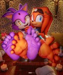 3d_(artwork) 5_toes 699mha amber_eyes anthro barefoot blaze_the_cat blue_eyes candle clothed clothing digital_media_(artwork) domestic_cat duo echidna english_text feet felid feline felis female foot_fetish foot_focus fur hi_res humanoid_feet looking_at_viewer mammal monotreme orange_body orange_fur plantigrade purple_body purple_fur sega soles sonic_adventure sonic_the_hedgehog_(series) talking_to_viewer text tikal_the_echidna toes white_body white_fur