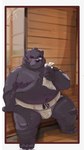 anthro asian_clothing belly big_belly black_body black_nose blush bodily_fluids clothing east_asian_clothing eyewear glasses humanoid_hands japanese_clothing kemono male mawashi moobs navel nipples overweight overweight_male sitting solo sumo sweat tengzai05 bear mammal 2023 hi_res