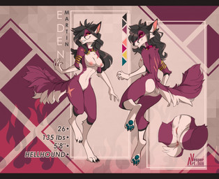 abstract_background anthro anus areola black_claws black_ears black_hair black_nose blue_pawpads breasts butt claws ear_piercing ear_ring female fluffy fluffy_tail front_view fur genitals hair inner_ear_fluff mouth_closed nipples pawpads perineum piercing pink_areola pink_inner_ear pink_nipples purple_body purple_fur purple_tail rear_view ring_piercing smile solo spread_legs spreading tail tuft vulva white_body white_breasts white_fur white_inner_ear_fluff white_tail vesper_art mythology eden_martin canid canid_demon canine demon hellhound mammal mythological_canine mythological_creature 2020 dated letterbox model_sheet