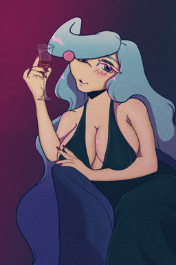 big_breasts black_clothing black_dress blue_hair blush breasts clothing colored_nails container cup curvy_figure dress drinking_glass female glass glass_container glass_cup hair long_hair mature_female nails solo wine_glass artsysaber nintendo pokemon fan_character nimue_the_primareena generation_7_pokemon humanoid hybrid_pokemon pokemon_(species) primarina tsareena 2:3 absurd_res hi_res