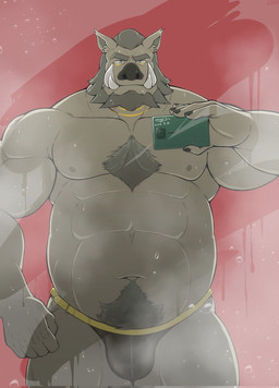 anthro bodily_fluids body_hair chest_tuft clothed clothing electronics happy_trail male mostly_nude muscular muscular_male partially_clothed phone selfie sweat tuft underwear underwear_only orange-lin lifewonders tokyo_afterschool_summoners y'golonac_(tas) mammal suid suine sus_(pig) wild_boar hi_res