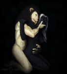 anthro black_background black_body black_fur breasts duo female fur hair intimate licking male melanistic personal_grooming romantic romantic_couple simple_background social_grooming tongue tongue_out white_hair ykoriana felid jaguar leopard lion mammal pantherine hi_res