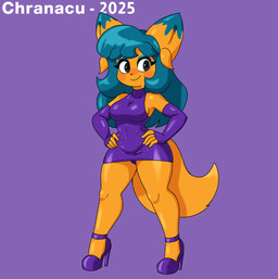 anthro babydoll belly big_breasts big_butt blue_hair breasts butt cheek_tuft clothed clothing eyelashes facial_tuft female fingerless_gloves fluffy fluffy_tail footwear fox_tail fully_clothed gloves hair handwear high_heels jewelry makeup necklace nightgown shoes small_waist smile solo tail thick_thighs tuft chranacu empowered canid canine fox humanoid mammal