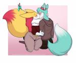 2018 anthro arm_grab big_tail blue_body blue_fur blush bottomwear braixen canid canine clothing countershading digital_media_(artwork) dipstick_tail duo eyebrows eyes_closed fan_character female fox fur generation_6_pokemon head_grab hoodie inner_ear_fluff kiss_on_lips kissing lavenderpandy looking_at_another male mammal mane markings multicolored_tail nintendo pants pokemon pokemon_(species) ribbons roflfox romantic romantic_couple seraphine_(roflfox) sitting stick tail tail_markings theblackrook topwear tuft white_body white_fur yellow_body yellow_fur