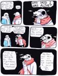 aftertale animated_skeleton bodily_fluids bone clothed clothing coat comic dialogue duo english_text geno_sans_(aftertale) glitch jacket looking_at_viewer loverofpiggies male not_furry sans_(undertale) scarf skeleton smile sweat teeth text topwear traditional_media_(artwork) undead undertale undertale_(series) wounded