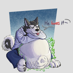 after_vore belly belly_on_ground big_belly bone bottomwear clothing crossed_arms denim denim_bottomwear denim_clothing dialogue digestion digestion_noises fatal_vore hoodie imprint jeans male male_pred oral_vore pants resting_on_belly simple_background sitting sitting_on_ground skull tail tail_motion tailwag tongue tongue_out topwear unwilling_prey vore canid canine canis domestic_dog husky mammal nordic_sled_dog spitz absurd_res hi_res