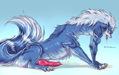 anatomically_inaccurate animal_genitalia animal_penis bent_over big_penis blue_background blue_body blue_fur bodily_fluids canine_genitalia canine_penis claws cum cumshot drooling ejaculation erection finger_claws fur genital_fluids genitals gradient_background hands-free hunched_over knot knotted_penis male male_taur misplaced_urethra multicolored_body multicolored_fur muscular muscular_male muscular_taur nude nude_male nude_taur open_mouth orgasm paws penis saliva side_view simple_background solo stretching toe_claws tongue tongue_out white_body white_fur lykostherium canid canid_taur canine canine_taur canis mammal mammal_taur taur wolf wolf_taur hi_res