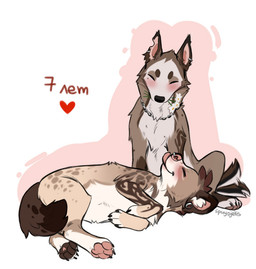 ambiguous_gender blush brown_body brown_fur brown_tail countershade_torso countershading duo eyes_closed facial_piercing feral fur lying nose_piercing on_side piercing sitting smile tail text spuydjeks bublik_(spuydjeks) kisa_(spuydjeks) canid canine mammal 2025 digital_drawing_(artwork) digital_media_(artwork) russian_text female_(lore) male_(lore)