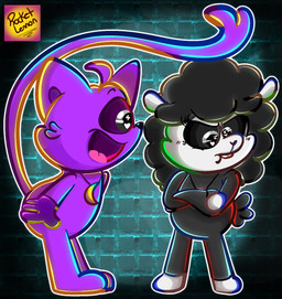 anthro black_body black_fur black_wool crossed_arms duo female fur male purple_body smile tail white_body wool_(fur) rocketlennon mob_entertainment nightmare_critters poppy_playtime smiling_critters baba_chops_(poppy_playtime) catnap_(poppy_playtime) bovid caprine domestic_cat felid feline felis mammal sheep hi_res