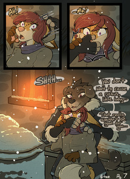 anthro brown_body brown_fur dialogue duo female fur hair hand_gag kidnapping male muffled orange_body orange_fur red_hair snow snowing text threatening winter_clothing howlart terra_cruxis merri_(howlart) vitae_(howlart) canid canine canis domestic_dog mammal comic digital_media_(artwork) english_text hi_res