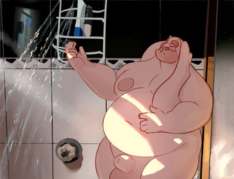 animal_genitalia balls bathing belly big_belly floppy_ears genitals horn inside long_ears male moobs mouth_closed nude obese obese_humanoid obese_male overweight overweight_humanoid overweight_male pink_balls pink_body pink_ears pink_skin sheath shower showering solo standing white_horn chocolateandmilk vincent_(chocolate-beverage) humanoid hi_res