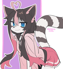 anthro biped bottomwear breasts butt clothed clothed_anthro clothed_female clothing female front_view fully_clothed fully_clothed_anthro fully_clothed_female fur hair hoodie long_hair looking_at_viewer simple_background skirt smile solo standing tail topwear kaltespur mammal procyonid raccoon 2026 digital_drawing_(artwork) digital_media_(artwork) hi_res