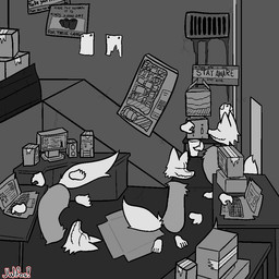 ambiguous_gender anthro box computer computer_keyboard container desk electronics fluffy fluffy_tail fur furniture grey_body grey_fur group keyboard laptop paper post poster smile standing table tail text trio upside_down wall_(structure) jwhitefox madness_combat pirates_(madness_combat) canid canine canis grunt_(madness_combat) mammal wolf 1:1 digital_drawing_(artwork) digital_media_(artwork) english_text signature tagme