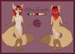 anthro big_ears breasts brown_body brown_fur canid canine dipstick_tail featureless_breasts featureless_crotch female fennec_fox fox front_view fur gloves_(marking) green_eyes hair leg_markings mammal markings model_sheet nude rear_view red_hair socks_(marking) solo standing tail tail_markings tan_body tan_fur tiggybloom true_fox white_body white_fur