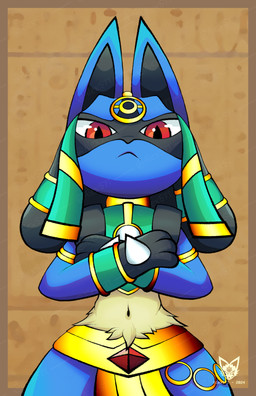3_fingers ambiguous_gender anthro big_eyes biped black_body black_fur black_inner_ear blue_body blue_ears blue_fur bottomwear bracelet chest_spike clothed clothing crossed_arms egyptian egyptian_clothing facial_markings fingers fur gem gloves_(marking) gold_(metal) gold_jewelry hand_spike head_markings headdress holowear_(pokemon) jewelry loincloth looking_at_viewer looking_down looking_down_at_viewer markings mask_(marking) multicolored_body multicolored_fur navel paws pupils red_eyes red_gem simple_background slit_pupils small_waist solo spikes spikes_(anatomy) standing tan_body tan_fur aiex571 ankha_zone nintendo pokemon pokemon_unite ruins_style_lucario canid canine generation_4_pokemon lucario mammal pokemon_(species) 2024 absurd_res colored digital_drawing_(artwork) digital_media_(artwork) half-length_portrait hi_res portrait signature watermark