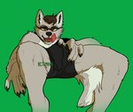 anthro black_bottomwear black_clothing bottomwear brown_eyes brown_hair bulge bulge_grab clothing detailed_bulge eyewear fangs fur glasses green_background grey_body grey_fur hair licking licking_lips licking_own_lips looking_at_viewer lying male on_back open_mouth red_tongue short_hair simple_background solo teeth tongue tongue_out white_body white_fur 0ct0m0n0 doc_(bunrakuken) canid canine mammal hi_res