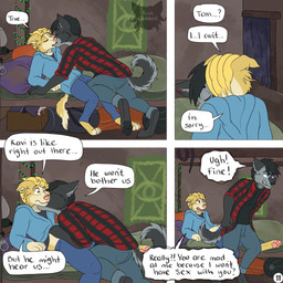 4_panel_comic angry anthro barefoot bed bedroom black_hair blonde_hair blue_eyes bottomwear box brown_eyes cardboard cardboard_box cheek_tuft clenched_teeth clothed clothing clothing_lift container cuff_(restraint) curtains dialogue doorway duo eyes_closed facial_tuft feet fist flannel_shirt fur furniture grey_body grey_fur hair hand_under_shirt handcuffs hoodie inside kissing lamp logo male male/male metal_cuffs neck_kiss on_bed page_number pants pawpads pillow refusing restraints shirt shirt_lift speech_bubble tail teeth text topwear tuft upset yellow_body yellow_fur kriek_wildebeest jeremy_(kriek_wildebeest) tom_(kriek_wildebeest) border_collie canid canine canis collie domestic_dog herding_dog husky hybrid mammal nordic_sled_dog pastoral_dog sheepdog spitz wolf 1:1 artist_logo comic english_text hi_res