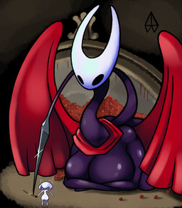 2_horns big_breasts biped black_body black_eyes breasts clothing duo empty_eyes female holding_melee_weapon holding_object holding_weapon horn looking_at_another lying melee_weapon on_front on_ground red_clothing standing tail weapon white_body wings lakendacoda hollow_knight:_silksong hollow_knight_(franchise) mythology team_cherry hornet_(hollow_knight) lace_(hollow_knight:_silksong) arthropod dragon mythological_creature mythological_scalie scalie 2026 absurd_res hi_res