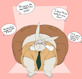 5_fingers accessory all_fours anthro big_butt blush butt cheek_pinch clothed clothing dialogue disembodied_hand eyewear fingers fur glasses group hair hand_on_cheek hand_on_face hands_on_ground long_ears male necktie obese obese_anthro obese_male one_eye_closed overweight overweight_anthro overweight_male simple_background solo_focus speech_bubble text white_body white_fur white_hair calebcorduroy desmond_(calebcorduroy) lagomorph leporid mammal rabbit english_text hi_res
