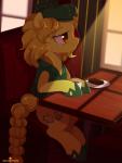 beverage blonde_hair clothing cutie_mark female feral food furniture hair half-closed_eyes hat headgear headwear inside narrowed_eyes quadruped sitting smile solo table verawitch hasbro my_little_pony fan_character earth_pony equid equine horse mammal pony 2017 hi_res