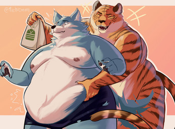5_fingers anthro belly_grab bodily_fluids claws clothed clothing damaged_clothing duo eye_scar eyes_closed facial_scar fingers fur holding_object male male/male markings moobs multicolored_body multicolored_fur nipples nude overweight paws scar simple_background smile striped_body striped_fur striped_markings stripes sweat sweatdrop tail text underwear underwear_only mochi_cream38 beastars bill_(beastars) legoshi_(beastars) canid canine canis felid mammal pantherine tiger wolf artist_name hi_res