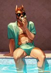 5_fingers anthro brown_hair clothed clothing ear_piercing ear_ring fingers hair male partially_submerged piercing ring_piercing solo poofroom canid canine canis domestic_dog mammal 2022 absurd_res digital_media_(artwork) hi_res portrait three-quarter_portrait