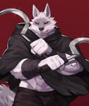 abs anthro bandage bandaged_arm black_bottomwear black_cloak black_clothing black_pants black_sclera bottomwear cloak clothing dual_wielding fangs fluffy fluffy_tail fur grey_body grey_fur holding_object holding_sickle holding_weapon licking licking_lips male male_anthro muscular muscular_anthro muscular_male open_mouth pants red_background red_eyes sharp_teeth sickle simple_background solo standing tail teeth teeth_showing tongue tongue_out weapon white_body white_fur yed dreamworks puss_in_boots_(franchise) death_(puss_in_boots) canid canine canis mammal wolf 2023 absurd_res digital_media_(artwork) hi_res