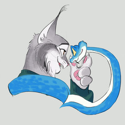 anthro blue_body blue_scales clothing duo feral fur grey_body grey_fur male male_anthro male_feral scales simple_background smile sweater topwear disney zootopia gary_de'snake pawbert_lynxley canada_lynx felid feline lynx mammal pit_viper reptile scalie snake viper hi_res