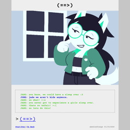 belt black_hair bottomwear buckteeth clothed clothed_female clothing comic_panel crop_top denim denim_bottomwear denim_clothing dialogue eyewear female footwear glasses hair jacket jeans lipstick long_hair makeup pants ponytail shirt shoes sneakers solo tail tail_motion tailwag teeth text topwear white_body ashleyorange homestuck ms_paint_adventures jade_harley canid canine humanoid hybrid mammal 1:1 2_frame_animation animated animated_comic comic hi_res