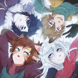 anthro black_body black_fur black_hair black_nose blue_eyes brown_body brown_fur brown_hair clothed clothing coat fangs fingerless_gloves fur gloves green_eyes grey_body grey_fur grey_stripes group hair handwear inner_ear_fluff looking_at_viewer male multicolored_body multicolored_fur open_mouth open_smile pink_nose scarf smile smiling_at_viewer snow stripes sweater teeth topwear tuft two_tone_body two_tone_fur white_body white_fur white_hair fumiko rokito great_troubles hazukashii_team stardust_kids kurt_(rokito) romano_(rikitoka) seth_(fumiko) domestic_cat felid feline felis mammal 1:1 2017 absurd_res artist_collaboration character_request digital_media_(artwork) hi_res shaded