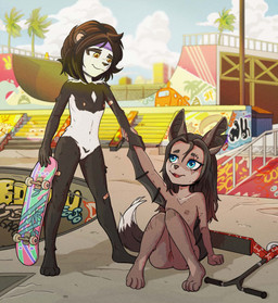 accessory adolescent anthro areola casual_nudity duo feet female flat_chested fur genitals graffiti hair headband holding_object holding_skateboard looking_at_another membrane_(anatomy) navel nipples nudist outdoor_nudity outside public public_nudity sitting skate_park skateboard smile tail toes vehicle vulva young young_anthro young_female gogogrey bat bear giant_panda mammal digital_media_(artwork) hi_res