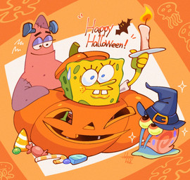anthro blue_eyes candle clothing fire group hat headgear headwear holidays male trio witch_hat johnnyhhh halloween nickelodeon spongebob_squarepants gary_the_snail patrick_star spongebob_squarepants_(character) aquatic asterozoan echinoderm gastropod mollusk sea_sponge snail starfish