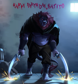 abs anthro areola arm_tuft armband barefoot barrel beard biceps biped black_armband black_body black_bottomwear black_claws black_cloak black_clothing black_fur black_nose black_pants black_sclera bottomwear claws cloak clothing cosplay detailed_background dual_wielding elbow_tuft eyebrows facial_hair fangs feet finger_claws forearm_muscles front_view fur furniture glowing glowing_eyes grey_areola grey_body grey_fur grey_nipples grey_tail hair happy_birthday holding_object holding_sickle holding_weapon humanoid_hands lights looking_at_viewer male mane muscular muscular_anthro muscular_arms muscular_male navel nipples open_mouth open_smile pants pecs pupils red_beard red_body red_eyebrows red_eyes red_facial_hair red_fur red_hair red_mane red_tail_tuft shadow shirtless shirtless_anthro shirtless_male sickle smile solo sparks stone_floor stone_wall stool tail tail_tuft teeth text thin_tail toe_claws tongue_showing tuft walking walking_towards_viewer wall_(structure) weapon white_pupils purtropos dreamworks puss_in_boots_(franchise) death_(puss_in_boots) rike_(troy300) felid lion mammal pantherine 2023 absurd_res digital_media_(artwork) english_text full-length_portrait hi_res portrait signature