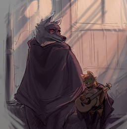 acoustic_guitar anthro belt black_nose boots bottomwear cape clasp cloak clothed clothing duo evening facial_markings fluffy footwear fur green_eyes grey_body grey_fur guitar happy head_markings interspecies legwear looking_at_another looking_at_partner looking_down male male/male markings mask_(marking) musical_instrument orange_body orange_fur pants playing_music plucked_string_instrument pointy_ears poncho prick_ears pupils red_eyes shoes sitting size_difference slit_pupils smile string_instrument thigh_boots thigh_highs whiskers white_body white_fur alisonandhope dreamworks puss_in_boots_(franchise) death_(puss_in_boots) puss_in_boots_(dreamworks) canid canine canis domestic_cat felid feline felis mackerel_tabby mammal tabby_cat wolf absurd_res hi_res