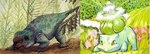 2017 3_claws 3_toes 5_claws 5_toes absurd_res ambiguous_gender artist_name beak bulbasaur bulbasaurus_(genus) bulbasaurus_phylloxyron christopher_dipiazza claws colored crouching dicynodont duo elemental_creature feet feral flora_fauna front_view full-length_portrait generation_1_pokemon grass green_body green_markings green_skin green_spots green_tail head_down hi_res markings nintendo painting painting_(artwork) pink_flowers plant pokemon pokemon_(species) portrait prehistoric_species quadruped real_world red_beak red_markings reference_image signature spots tail three-quarter_view toe_claws toes traditional_media_(artwork) watermark white_claws